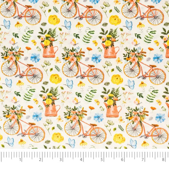 SINGER Bikes & Gardening on White Cotton Fabric